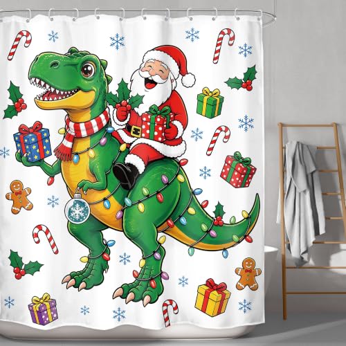 Image of Christmas Dinosaur Merry xmas Funny Santa Bathroom Shower Curtain Set