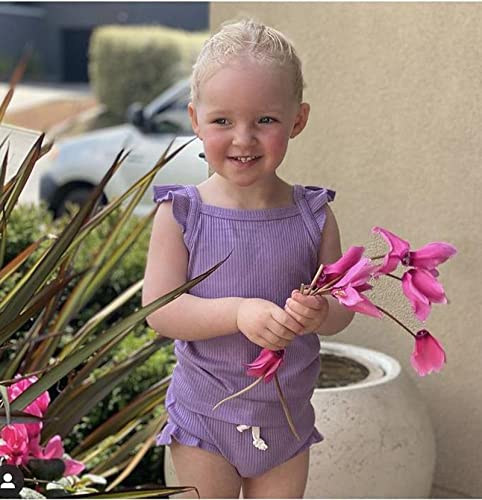 Toddler Baby Girl Summer Short Clothes Ribbed Ruffle Sleeve Tops+Elastic Drawstring Short Pants Two Piece Solid Outfit Set3