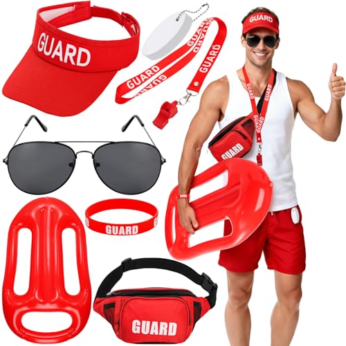 Coloch 7Pcs Guard Costume Set Lifeguard Outfit Accessories Includes Fanny Pack Whistle Hat Wristband Inflatable Float Sunglasses and Floating Key Chain for Pool Party Halloween Beach Dress Up