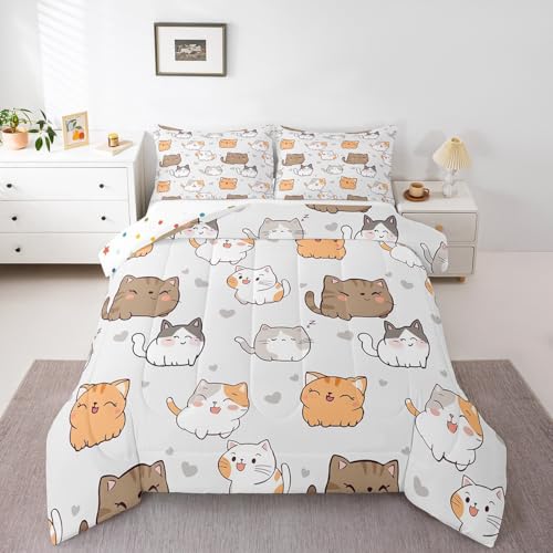 Erosebridal Cute Cat Comforter Set Kawaii Kitten Bedding Twin for Kids Toddler, Cartoon Animal Bedding Comforter Sets Pet Theme Duvet Insert, Lovely Love Heart Print Quilted Duvet,Light Gray 2pcs