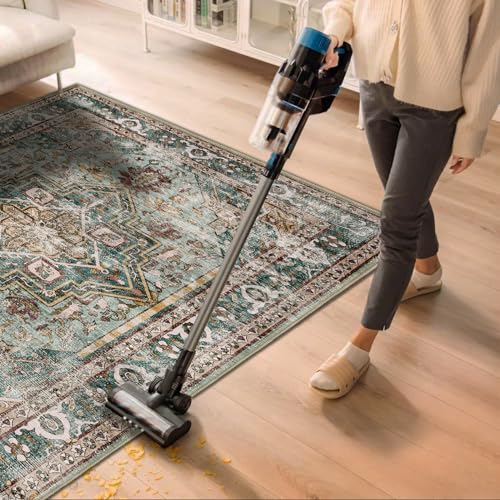3'x5' Vintage Washable Thin Green Area Rug Tangerine Traditional Floor Cover Foldable Indoor Distressed Non Slip Carpet Floral Print Mat Bedroom Living Room Bathroom