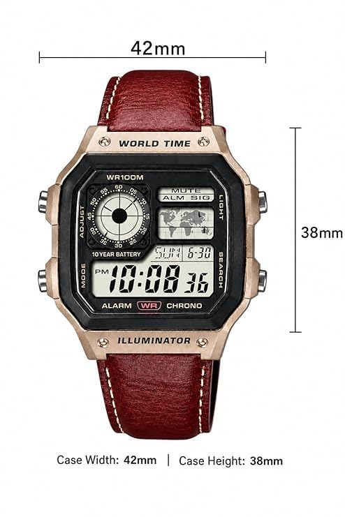 Image of Vintage Watch for Man with Premium Gift Box, Square Dial Digital Watch with World Time Map & Leather Strap, Ideal for Gifting, Unisex Retro Alarm & Chrono Watch for Men and Women