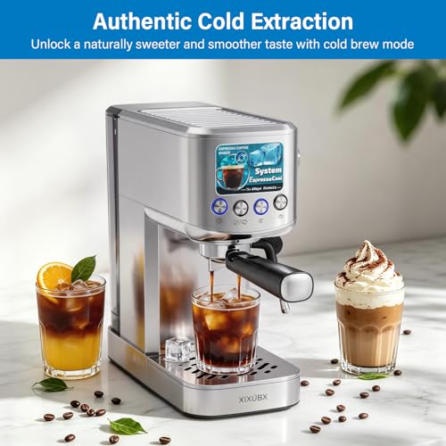 Image of XIXUBX 20 Bar Espresso & Cold Brew Coffee Maker with Milk Frother, 42oz Removable Tank, Stainless Steel, Perfect for Cappuccino, Latte, Home & Office, Silver