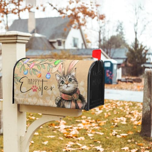 Image of Easter Cat Magnetic Mailbox Cover 25.5x21 Inch Cute Kitten with Bunny Ear Egg Hunt Mailbox Wrap Post Cover Large Size for Garden Yard Outdoor Outside Patio Holiday Waterproof Decor