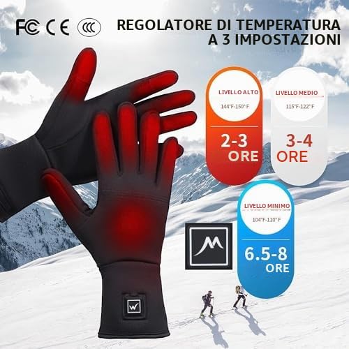 Guanti Riscaldati Sottili, Elettrici Ricaricabili con Batteria per Uomo e Donna. Fodere Invernali per Artrite, Raynaud, Ciclismo, Sci, Snowboard ed Escursionismo