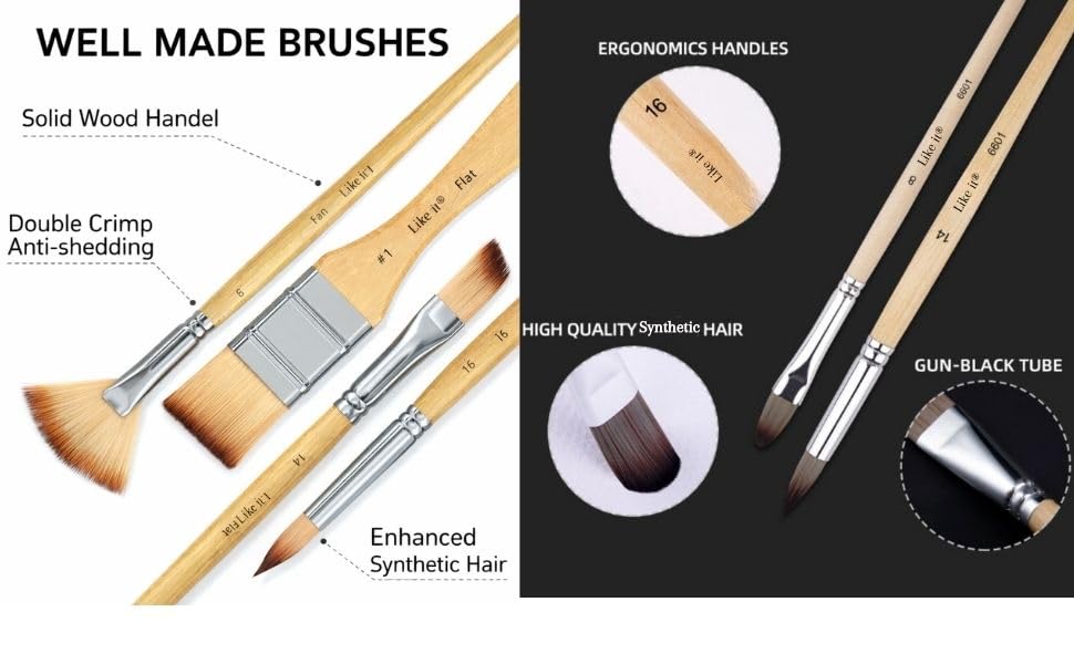 Image of Like It 24 Pieces Professional Paint Brush Set with Roll Pouch - Premium Synthetic Bristles Artist Brushes for Acrylic, Watercolor & Oil Painting - Multi-Size Wooden Handle Brushes for Canvas Art