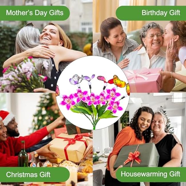 Solar Garden Lights, 1 Pack Solar Flower Lights Outdoor Waterproof with 6 Swaying Butterfly, Outdoor Decoration for Yard Patio Lawn Pathway, Gift for Family and Friends