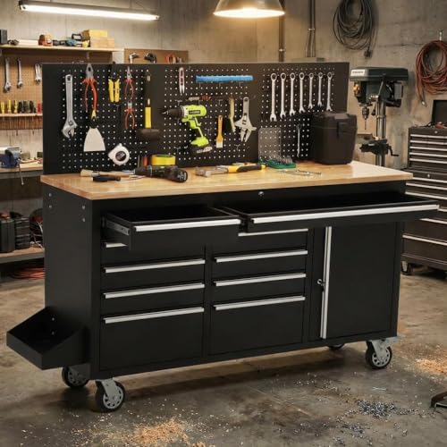 Image of 61 Inch Workshop Workbench with Locking Storage, Durable Steel Cabinet and 10-Drawer Organizer Under Solid Rubber Wood Top, Garage Work Station for Tools & DIY Projects