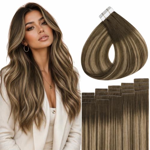 Image of Full Shine Tape in Hair Extensions Human Hair 18 Inch Color 4 Brown Fading 24 Honey Blonde and 4 Brown Genius Human Hair Tape in Extensions 20PCS Hand Tied Weft Soft and Silky 50g Add Volume