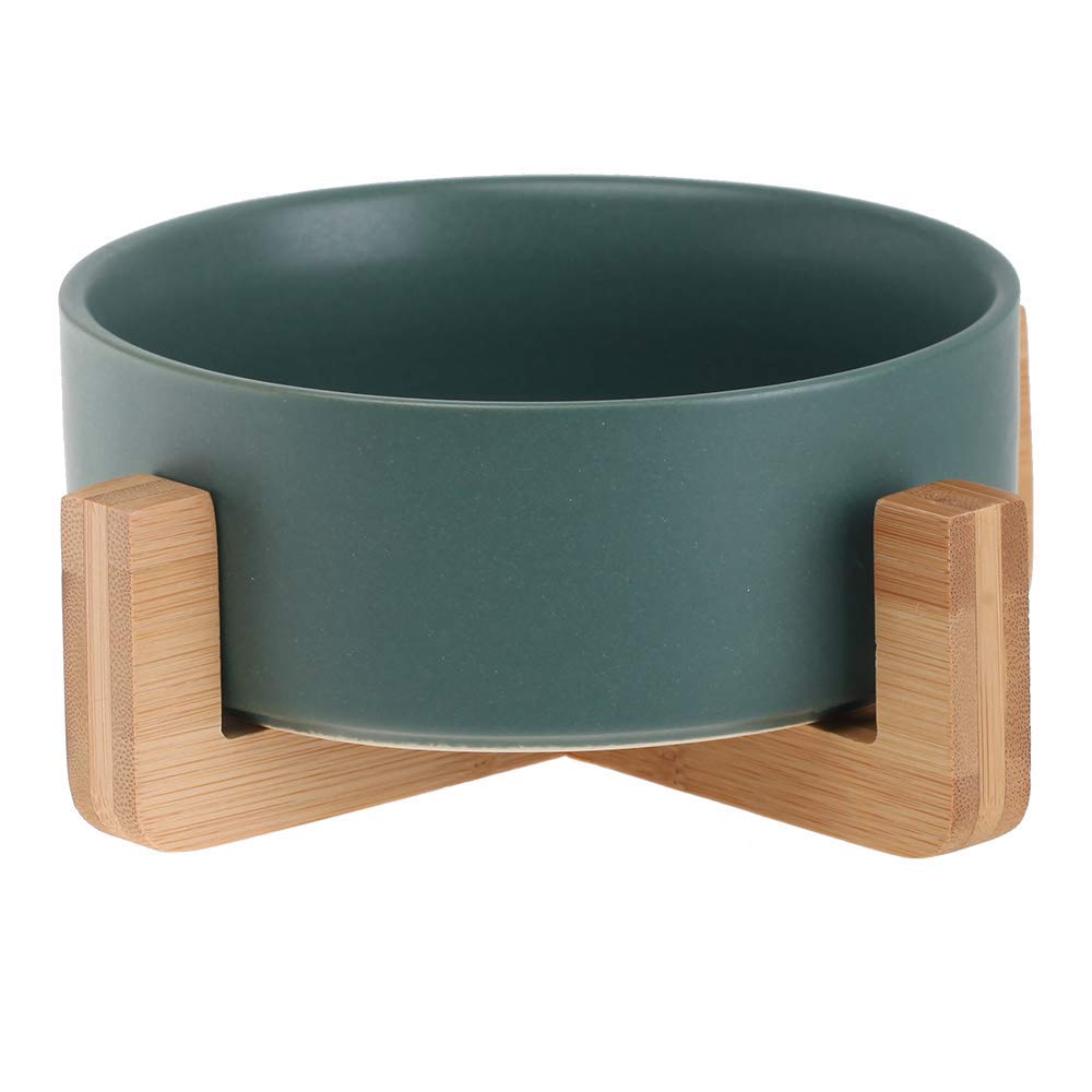 Hchlqlz Green Ceramic Cat Dog Bowl Dish With Wood Stand