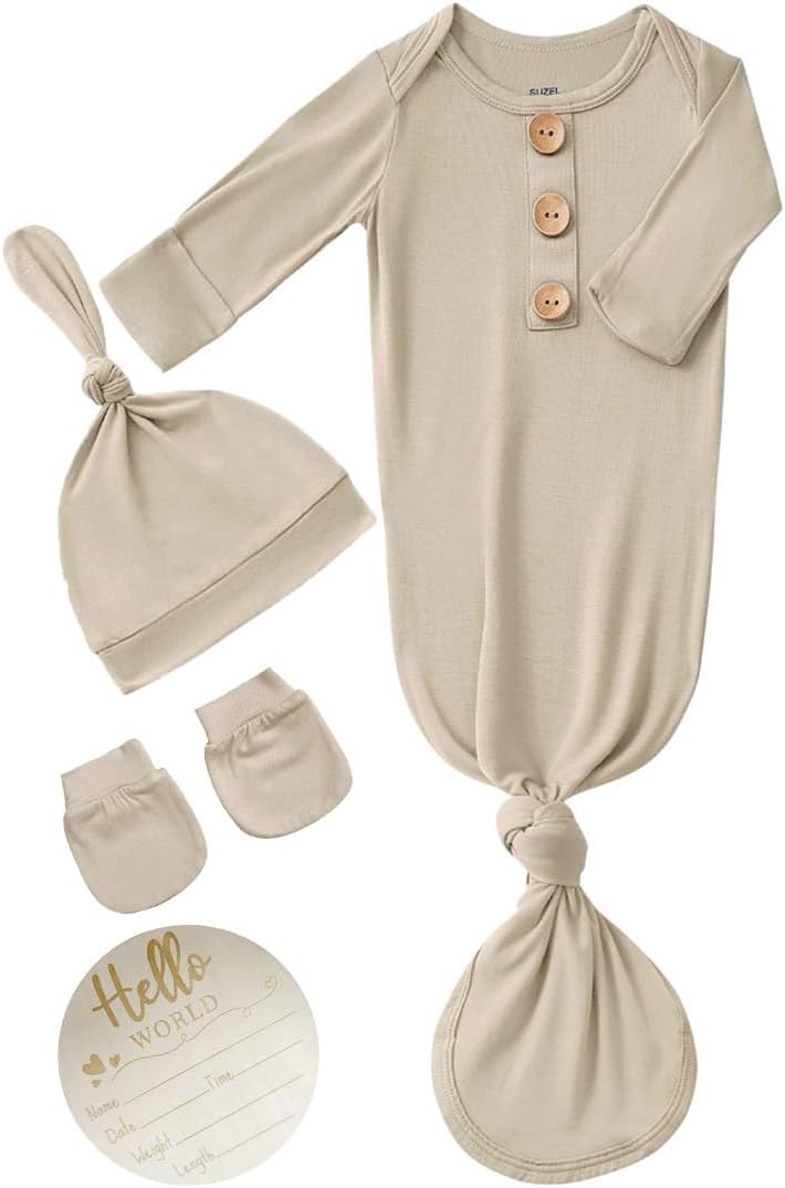 Newborn Baby Knotted Gown Headband/Hat Set Clothes Bamboo Viscose Sleep Gown with Announcement Sign