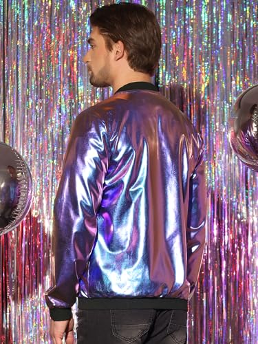 Lars Amadeus Holographic Metallic Varsity Jacket for Men's Zip Up Long Sleeves Shiny Bomber Jacket3