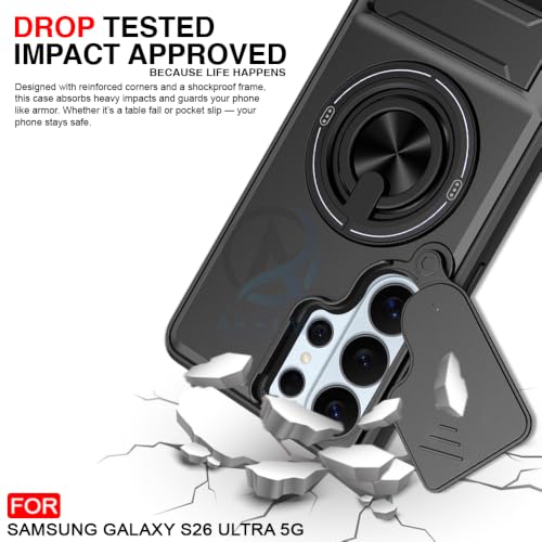 Image of AESTMO Samsung Galaxy S26 Ultra 5G Back Cover | Armor Camera Slider 360 Degree Rotating Finger Ring Holder Case with Bracket Stand Back Case Cover (Compatible with MagSafe Accessories) (Black)
