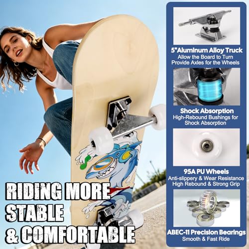 Image of Skateboards for Beginners Adults Youths Teens Kids Girls Boys 31 Inch Pro Complete Skate Boards 7 Layer Canadian Maple Double Kick Concave Longboards