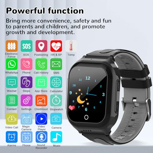 Wonlex 4G Kids Smartwatch with SIM Card, GPS Smart Watch for Kids, Health Monitor Phone Watch With Temperature, Video Calls, Camera, Pedometer, Alarm, Music Player for Boys Girls Aged 4-15 (Black) 5