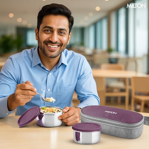 Image of MILTON Plato Pack Small Stainless Steel Lunch Box (2 X 340 ml containers) with Jacket | Leak Proof, Food Grade I Lightweight, Odour Proof | 1 Year Warranty I Ideal for Office, School, Travel, Purple