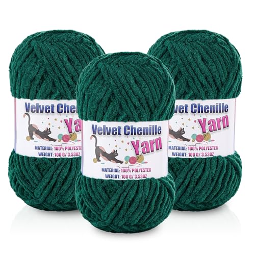Image of 3 * 100g /3.5oz Fluffy Chenille Yarn for Crocheting, Chunky Velvet Yarn for Crochet Amigurumi, Used for Making Baby Yarns Blanket, Clothes, Pattern Knitting Creations (Dark Green)