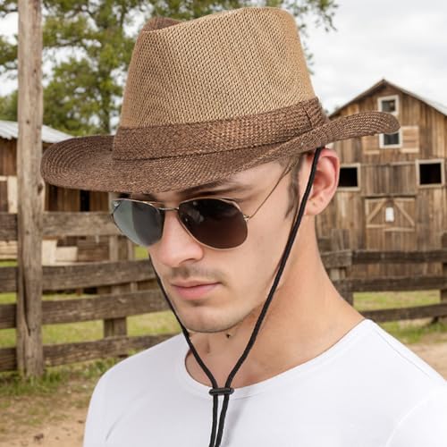 Wide Brim Straw Panama Hat, Fedora Beach Sun Hat with Chin Strap, Sun Protection Khaki Cowboy for Seaside Beach Picnic3