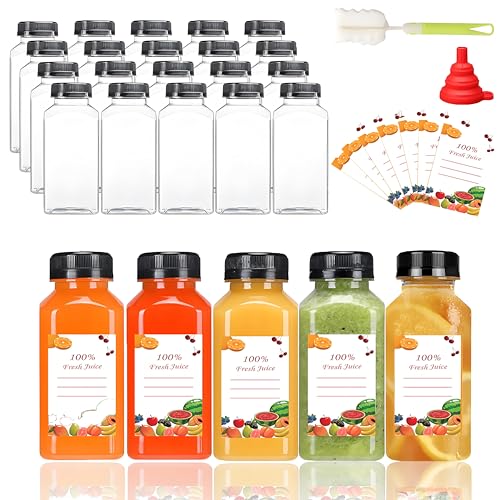 Kiswleon 8oz/250ml Plastic Juice Bottles with Lids 20PCS,Empty Mini Water Bottles with Label, Funnel and Brush,Reusable Bulk Beverage Drink Containers for Smoothie,Fridge,Juice