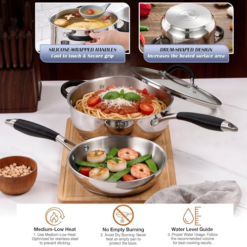 Image of E-far Stainless Steel Cookware Set - Induction Tri-Ply Base Pots and Pans, 10-Piece Non-Toxic Kitchen Cooking Set w /Stay-Cool Handle, Frying Pans, Saucepans, Stockpot with lid, Oven & Dishwasher Safe