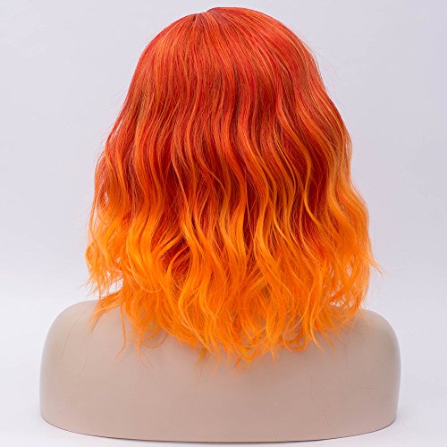Image of BERON 14 inch Women Girls Short Curly Bob Wavy Wig Body Wave Halloween Cosplay Daily Party Wigs (Ombre Orange)