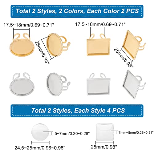 UNICRAFTALE 8 Sets DIY Cuff Ring Making Kit 2 Colors Square Round Open Cuff Ring Bezel Tray US Size 7~8 201 Stainless Steel Blank Cabochon Ring Bases with Glass Cabochons Domes Set for Ring Making - Image 3
