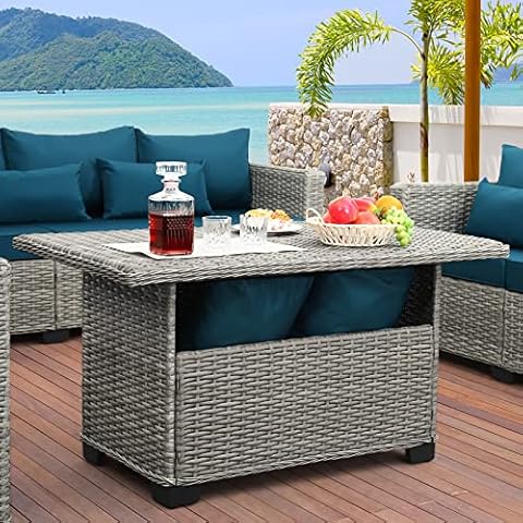 Rattaner 46 Inches Outdoor Coffee Table with Storage Wicker Patio Table Outdoor Dining Table, Stone Grey Cover