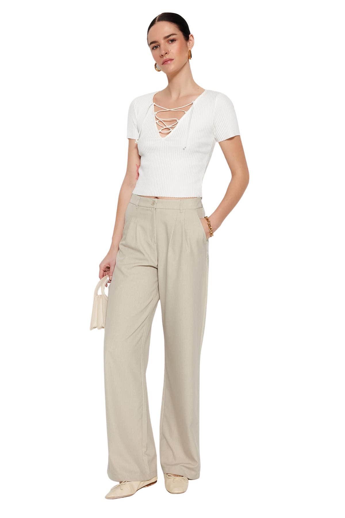 Trendyol Women's Woman Normal Waist Straight Wide Leg Trousers Pants, Mink, 8