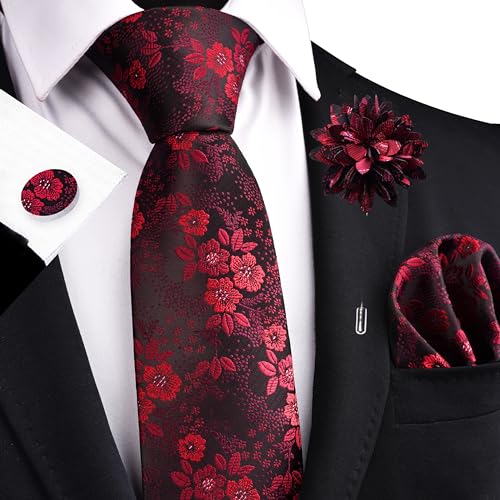 Image of GUSLESON 3.15 inch(8cm) Mens Floral Tie and Lapel Pin Necktie Hankerchief Cufflinks Set for Men