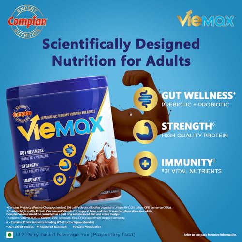 Image of Complan VieMax - Scientifically designed nutrition for Adults (Chocolate Flavour, 400g, Jar) | High Protein, Prebiotic, Probiotic for Strength, Gut Wellness, Immunity