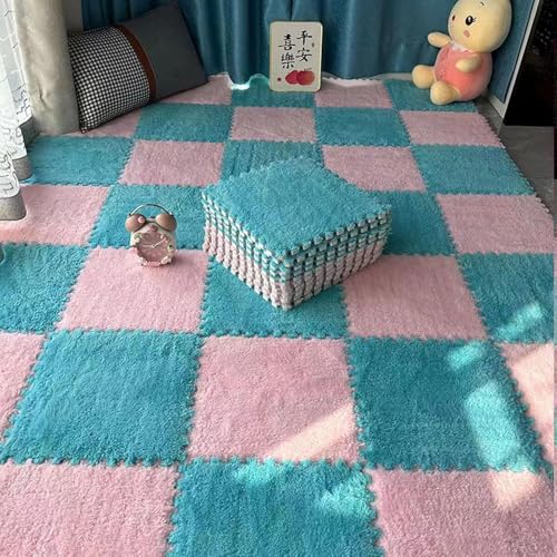 JvFbjLF 10 Pcs Interlocking Carpet Tiles 30x30cm Plush Floor Mat Soft Crawling Tiles Foam Patchwork Puzzle Mat(Lake Blue+Pink)