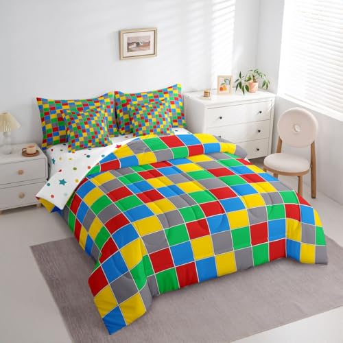 Image of Erosebridal Geometric Checkered Full Bedding Set 7 Piece Colorful Checkerboard Bed in A Bag with Sheets Rainbow Plaid Comforter Set for Kids Adults,Red Blue Green Yellow Grids Bed Sets