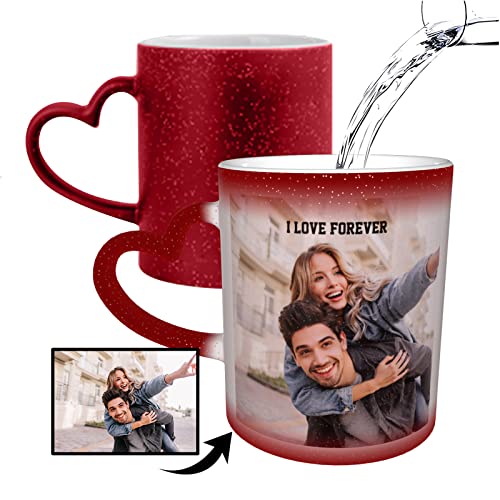 Naispanda 2Pcs Custom Photo Color Changing Magic Coffee Mug, Personalized DIY Ceramic Hot Heat Sensitive Cup Birthday Halloween Thanksgiving Christmas Valentine's Day Gift Picture Couple Cup - Red