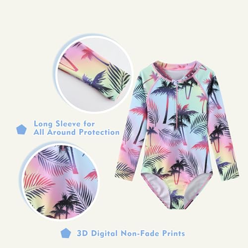 Image of Girls Long Sleeve Rash Guard One Piece Swimsuit Kids UPF 50+ Sun Protection Swimwear Rainbow Striped Bathing Suit 3-14 Years