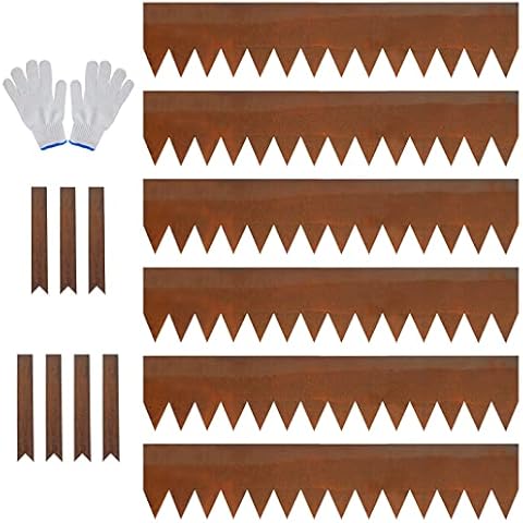 JonesHouseDeco Lawn Edging Border 20cm Height 6 Pack Pre-Rusted Cor-Ten Steel Landscape Edging - No-Dig Hammer-in Heavy Duty 14-Gauge Metal Corten Decor Edging (6M Length Total) w/ 7 Clips & Gloves Cover