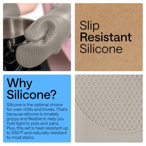 Image of GORILLA GRIP BPA-Free Soft Silicone Oven Mitts and Pot Holders Sets of 4, Heat Resistant Waterproof Cooking Gloves, Thick Cotton Lining, Flexible Gripping for Baking Grilling, Kitchen Trivets, Almond