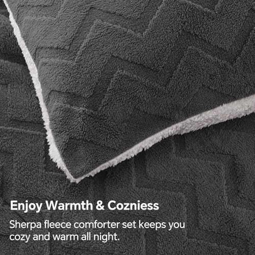 Image of BEDELITE Fluffy Sherpa King Comforter Set,Charcoal | Super Soft & Warm Fleece Bedding, Luxury Fuzzy Comforter for Winter, Heavy Plush Bedding Set,2 Pillowcases