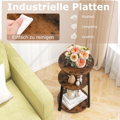 COSTWAY Beistelltisch mit 3 Ebenen, runder Sofatisch mit Metallrahmen & verstellbaren Fußpads, Nachttisch für kleinen Raum, Kleiner Couchtisch für Wohnzimmer, Schlafzimmer, 40,5 x 38 x 62 cm – Bild 5