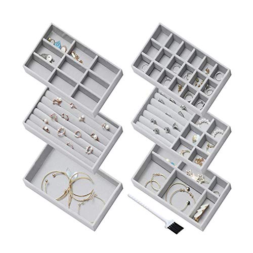 Nwvuop 6 Stück Schmucktablett Organizer Stapelbare Schmuckablage für Ohrringe, Halsketten, Armbänder, Ringe, Schmuckaufbewahrung, Organizer für Schublade, grau Cover