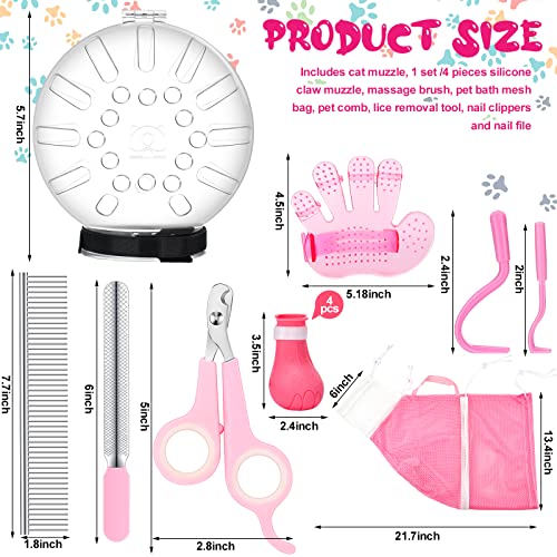 Therwen 8 Pcs Pet Grooming Set - Adjustable Cat Shower Net, Breathable Cat Muzzle, Boots, Paw Covers, Nail Clipper, Tick Tool, Massage Brush, Comb, Trimming Cleaning