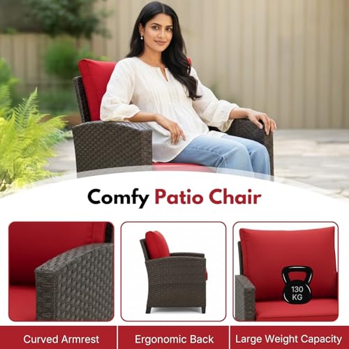 Image of DEVOKO Outdoor Wicker 3-Piece Patio Furniture Set with All-Weather Cushions & Rust Resistant Metal Frame UV-Resistant Furniture Design Perfect for Garden Balcony(Dark Brown & Red)