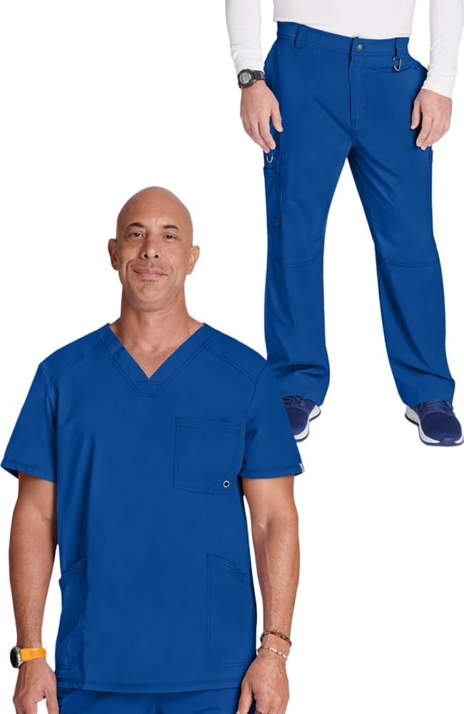 Cherokee Infinity Men Scrubs Set CK900A V-Neck Top & CK200A Fly Front Pant, Galaxy Blue- L Top/L Pant