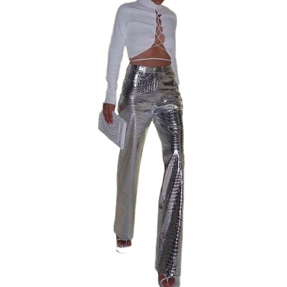 Pantalones de Cuero Anchos Rectos Dorados o Plateados para Mujer, Streetwear, Talle Alto, Cuero, para Fiesta, Club