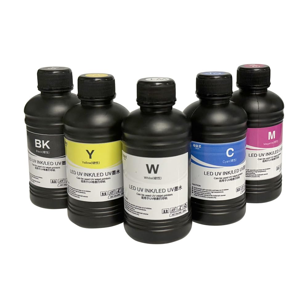 Inchiostro UV LED per stampante UV, 5 x 250 ml, 5 colori: ciano, giallo, nero, magenta, bianco