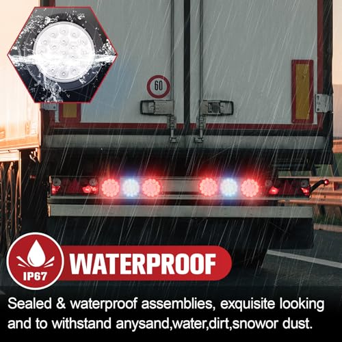 Image of 2PCS 4 Inch 19LED Red+Blue Round Led Trailer Tail Lights,Brake Stop Turn Signal Light w /Grommets,12V,IP67 Waterproof,3-Prong Wire Pigtails