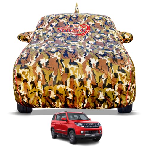 Image of Premium Car Cover for TUV 300 Model | Waterproof, UV & Dust Protection | Mirror & Antenna Pocket | Triple Stitched, Soft Inner Lining, Belt & Buckle (Jungle Print)
