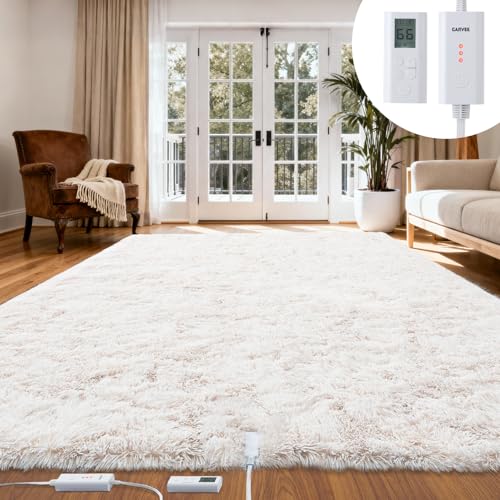 GarveeHome 5x7 ft Wireless Heated Floor Mat Electric Heated Rug Gaming Rug with 6 Heat Levels & 10H Auto Off Soft Plush Heating Carpet Foot Warmer for Living Room Bedroom Office Playroom White
