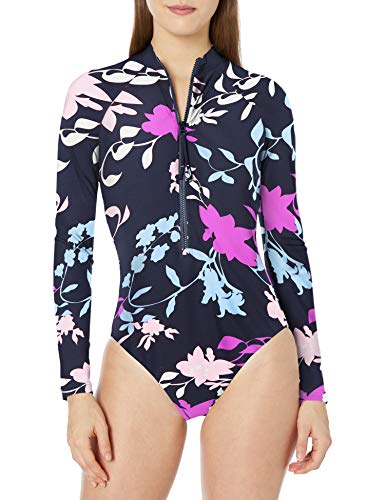 Seafolly Women's Long Sleeve One Piece Surfsuit with Zip Front Swimsuit, Florence Indigo, 10 US