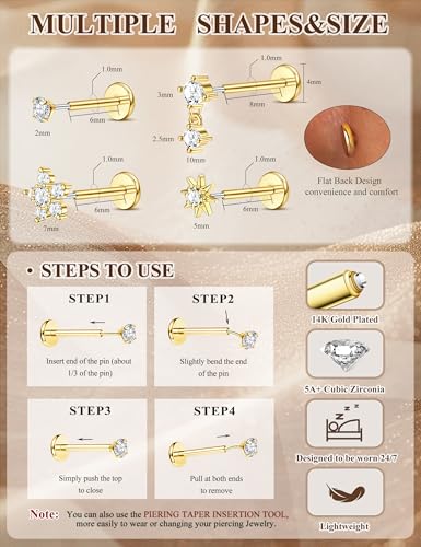 Sanfenly Threadless Flat Back Earrings Studs 316L Surgical Steel Push in Nose Studs Rings CZ Tragus Cartilage Helix Conch Labret Lip Nostril Medusa Piercing Jewelry Hypoallergenic 20G 18G 16G2