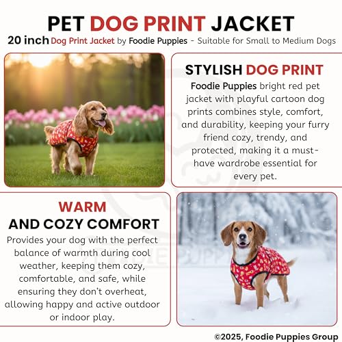 Image of Foodie Puppies Dog Winter Jacket - (Dog Printed, 20 Inch) for Small to Medium Dogs | Ultra Warm Waterproof & Windproof Coat | Adjustable Velcro Closure, Washable Vest for Cold Weather